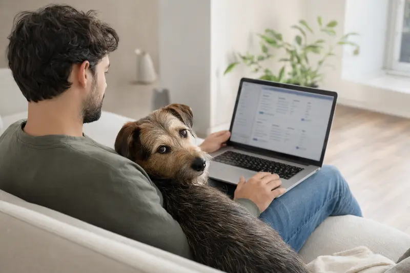 Ein Hund sitzt entspannt neben seinem Besitzer, der am Laptop auf dem Sofa arbeitet und sich über Tierkrankenversicherungen informiert.