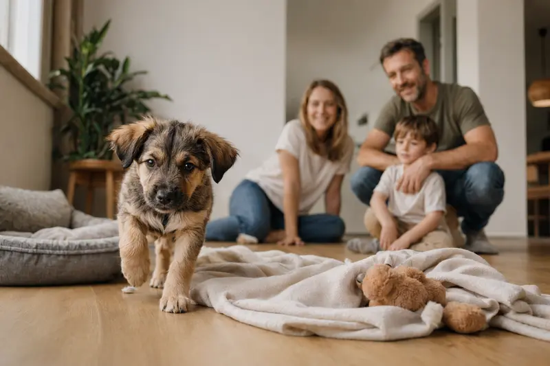 Ein junger Maneto Welpe erkundet neugierig seine neue, helle Wohnung mit einer liebevollen Familie im Hintergrund.