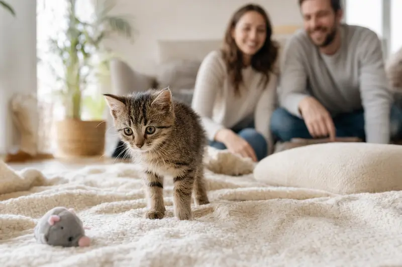 Ein neugieriges Manx Katzenkitten erkundet seine neue Wohnung mit einer liebevollen Familie im Hintergrund.
