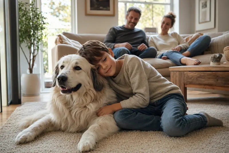 Ein Maremmaner Berghund liegt entspannt neben einem Kind im Wohnzimmer, während die Eltern im Hintergrund eine sichere Familienatmosphäre schaffen.