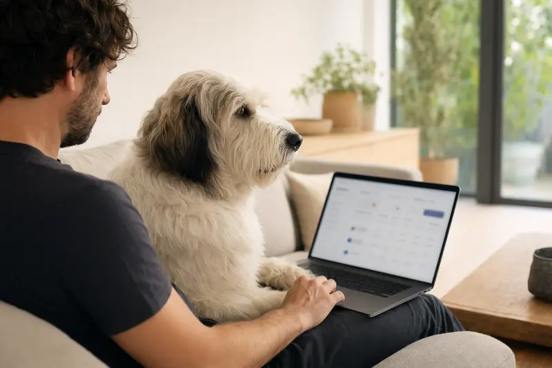 Ein Hundebesitzer arbeitet am Laptop, während sein Maremmaner Berghund entspannt auf dem Sofa sitzt.