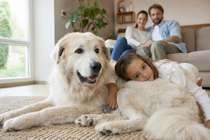 Ein freundlicher Maremmaner Hirtenhund liegt entspannt neben einem Kind im hellen Wohnzimmer, während die Eltern im Hintergrund stehen.