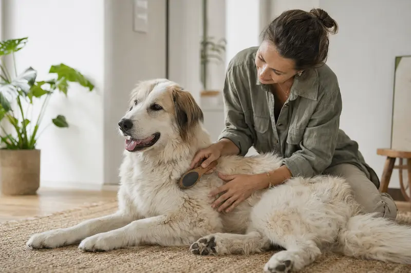 Ein Maremmaner Hirtenhund wird in einer hellen Wohnung sanft gebürstet, während sich sein Besitzer liebevoll um die Fellpflege kümmert.