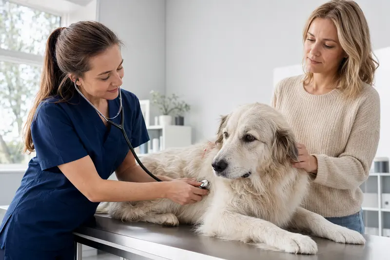 Ein Maremmaner Hirtenhund liegt entspannt auf einem Untersuchungstisch, während eine freundliche Tierärztin ihn mit einem Stethoskop untersucht.