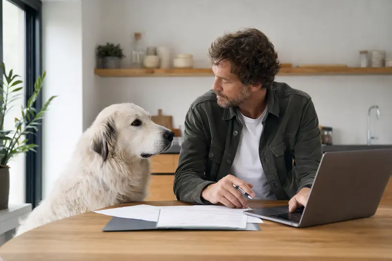Ein Maremmaner Hirtenhund sitzt entspannt neben seinem Besitzer am Küchentisch, auf dem Versicherungsunterlagen und ein Laptop liegen.