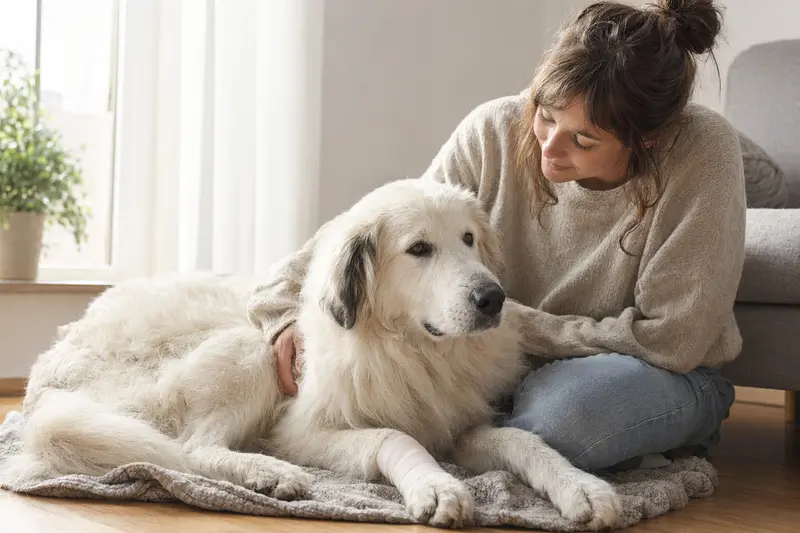 Ein Maremmaner Hirtenhund mit leichtem Verband an der Pfote liegt entspannt neben seinem Besitzer in einer hellen Wohnung.