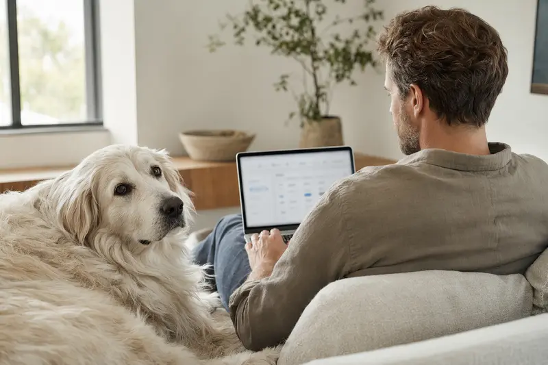 Ein Hund und sein Besitzer prüfen auf dem Sofa Versicherungsoptionen am Laptop.