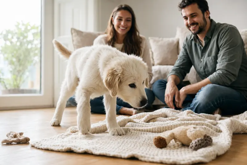 Ein neugieriger Maremmaner Hirtenhund Welpe entdeckt sein neues Zuhause mit liebevoller Familie im Hintergrund.