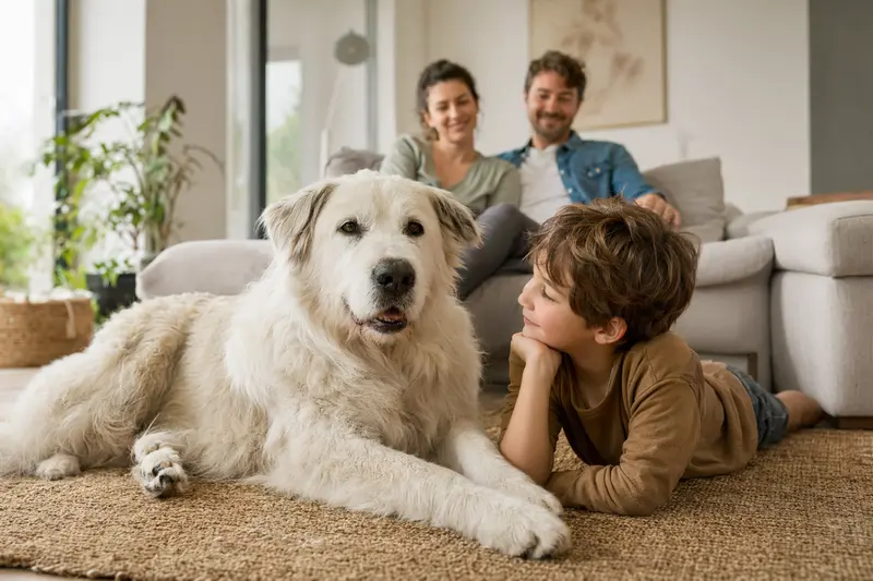 Ein freundlicher Maremmen-Abruzze Hund liegt entspannt neben einem Kind im hellen Wohnzimmer, während die Eltern im Hintergrund eine sichere Familienatmosphäre schaffen.