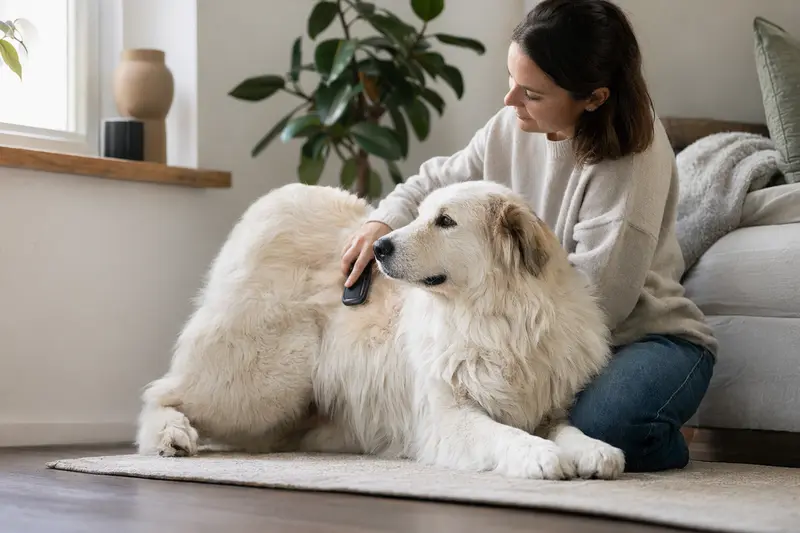 Ein Maremmen-Abruzze Hund wird in der hellen Wohnung sanft gebürstet und liebevoll gepflegt.