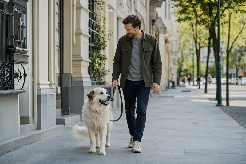 Ein Maremmen-Abruzze Hund läuft an der Leine mit seinem Besitzer durch eine freundliche moderne Stadtstraße.