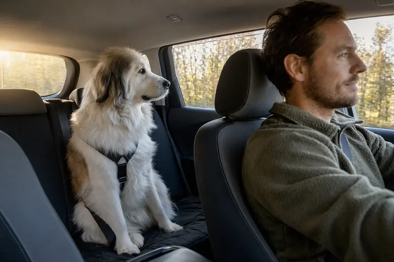 Ein Maremmen-Abruzze Hund sitzt sicher angeschnallt auf der Rückbank eines Autos, während der Besitzer fährt – ein Bild für verantwortungsvolle Hundehaltung und Fürsorge.