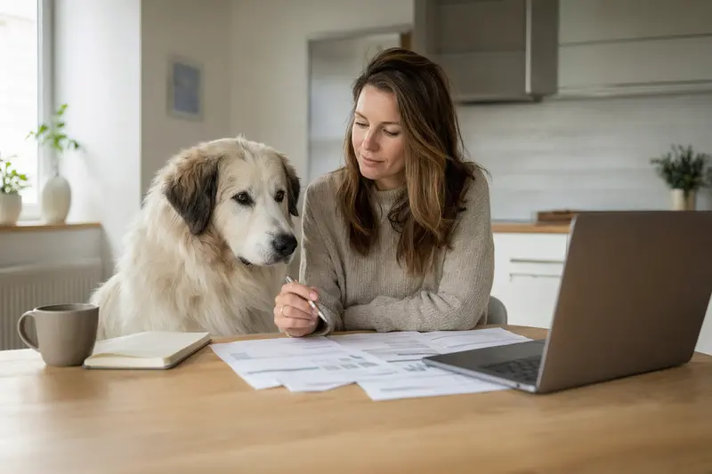 Ein Maremmen-Abruzze Hund sitzt neben seinem Besitzer am Küchentisch, auf dem Versicherungsunterlagen und ein Laptop liegen.
