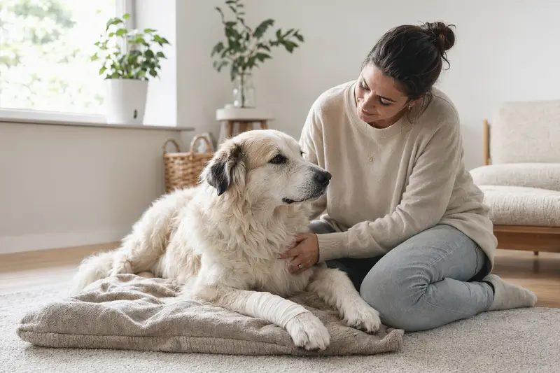 Ein Maremmen-Abruzze Hund mit einem leichten Verband an der Pfote liegt entspannt auf einer Decke, während sein Besitzer ihn beruhigend anblickt.