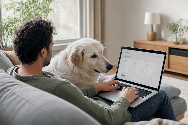 Ein Besitzer arbeitet am Laptop auf dem Sofa, während ein Maremmen-Abruzze Hund entspannt daneben sitzt, die Bildschirmoberfläche zeigt einen Versicherungsvergleich.