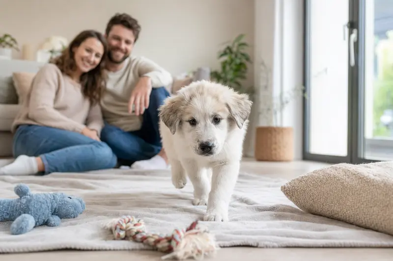 Ein neugieriger Maremmen-Abruzze Welpe erkundet sein neues Zuhause mit einer weichen Decke und Spielzeug, während eine liebevolle Familie im Hintergrund zu sehen ist.