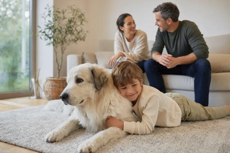 Ein Maremmen-Abruzzen-Schäferhund liegt entspannt neben einem Kind im Wohnzimmer, während die Eltern im Hintergrund eine warme und sichere Familienatmosphäre schaffen.