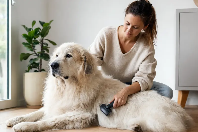 Ein Maremmen-Abruzzen-Schäferhund wird zuhause liebevoll gebürstet, was die regelmäßige Fellpflege und verantwortungsvolle Gesundheitsvorsorge zeigt.