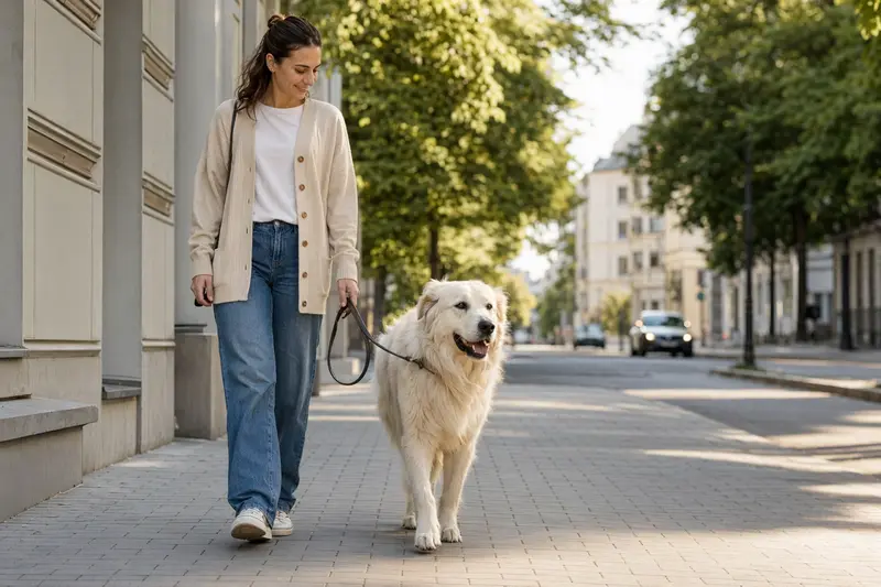 Ein Maremmen-Abruzzen-Schäferhund läuft an der Leine mit seinem Besitzer durch eine freundliche moderne Stadtstraße.