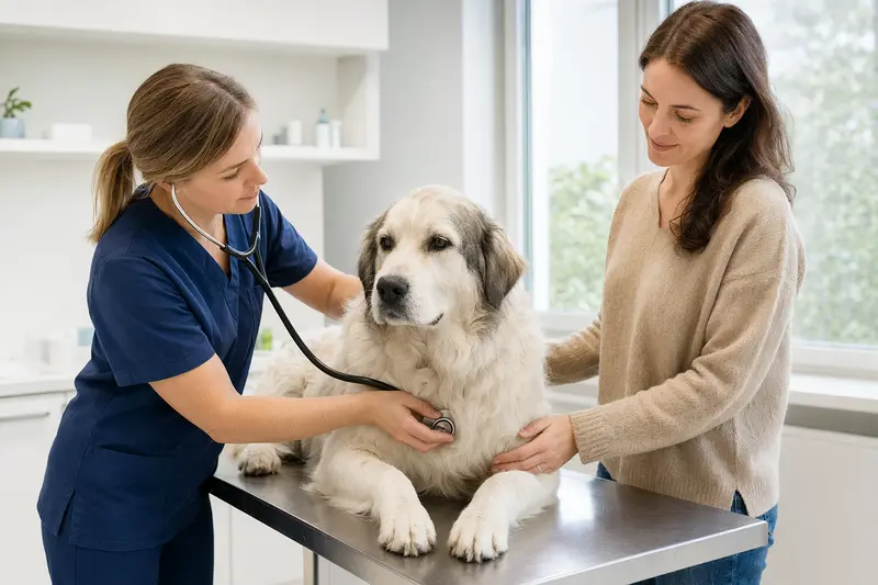 Ein beruhigter Maremmen-Abruzzen-Schäferhund auf dem Untersuchungstisch, während eine freundliche Tierärztin mit einem Stethoskop seine Gesundheit überprüft.
