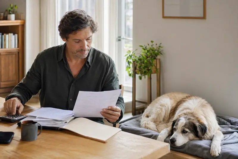 Ein Hundehalter sitzt mit einer Tierarztrechnung am Tisch, während ein entspannter Maremmen-Abruzzen-Schäferhund auf einer Decke daneben ruht.