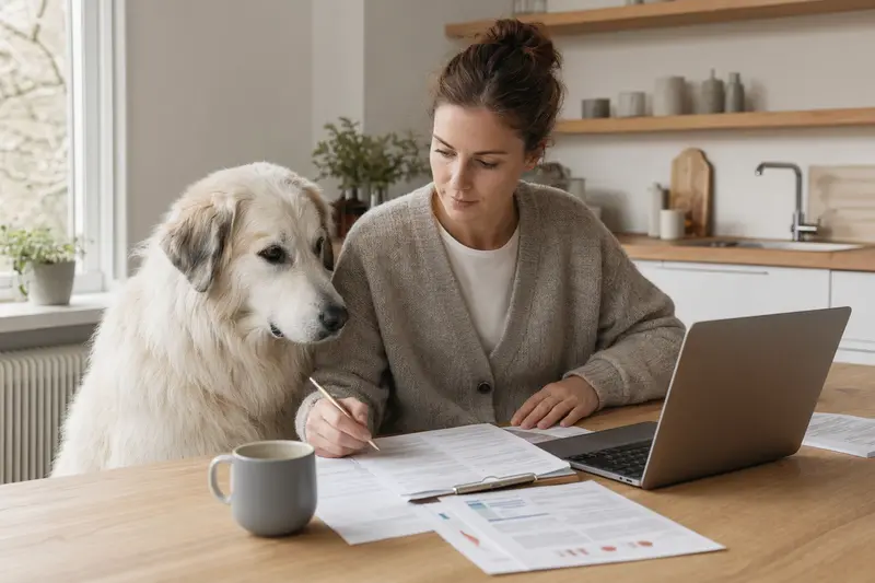 Ein Maremmen-Abruzzen-Schäferhund sitzt entspannt neben seinem Besitzer am Küchentisch mit Versicherungsunterlagen und einem Laptop.