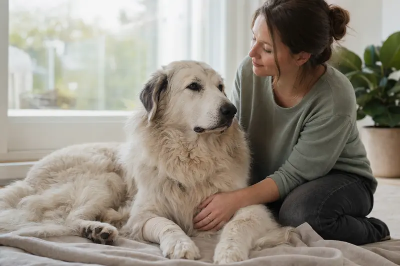Ein Maremmen-Abruzzen-Schäferhund mit leichtem Verband liegt entspannt neben seinem Besitzer in einer hellen Wohnung.