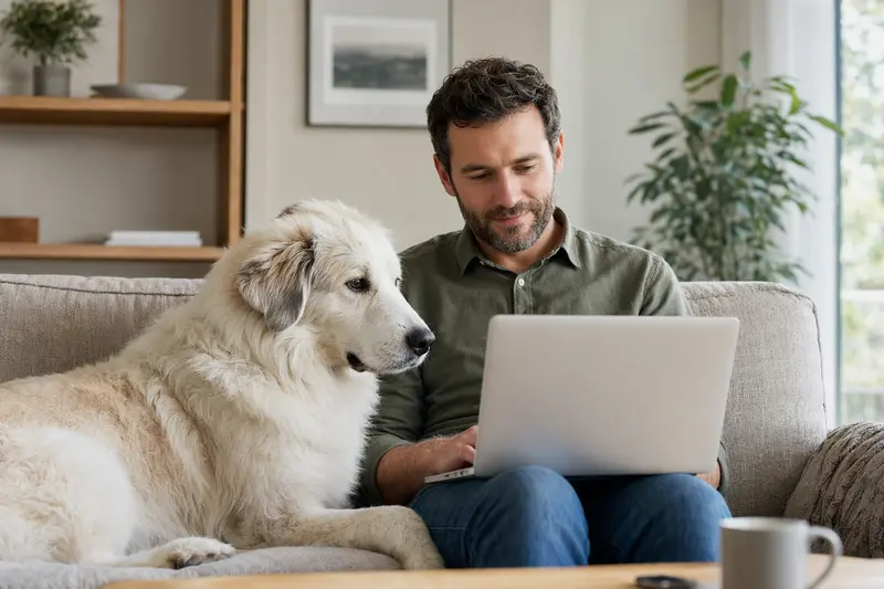 Ein Hundebesitzer sitzt mit einem Maremmen-Abruzzen-Schäferhund auf dem Sofa und vergleicht Versicherungsangebote auf seinem Laptop.