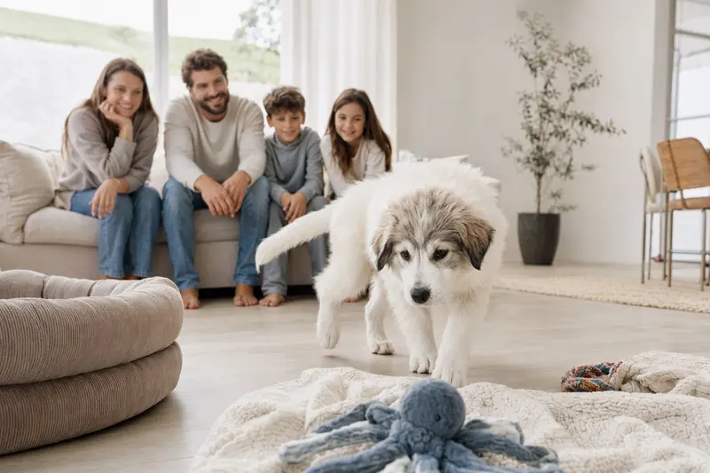 Ein neugieriger Maremmen-Abruzzen-Schäferhund Welpe erkundet seine neue, liebevoll eingerichtete Wohnung.