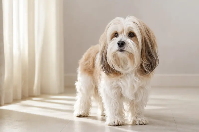 Ein aufmerksamer Markiesje Hund steht in natürlicher Haltung vor hellem Hintergrund und zeigt das typische Erscheinungsbild der Rasse.