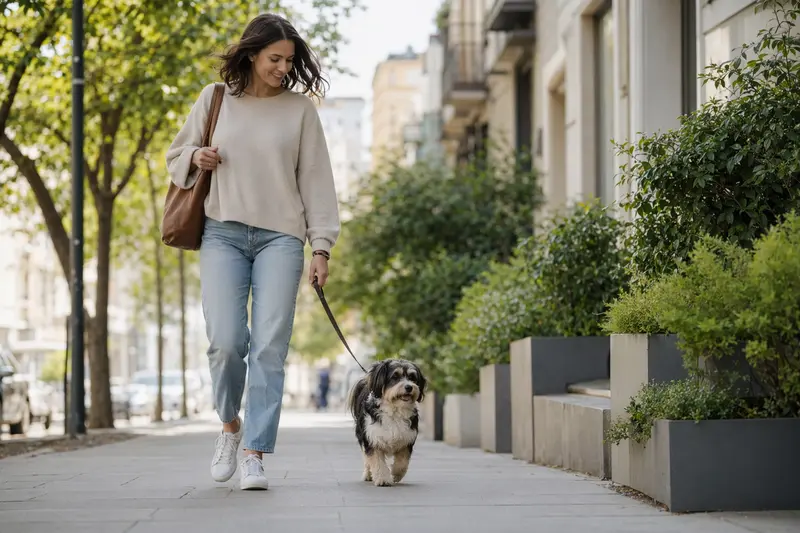 Ein Markiesje Hund läuft an der Leine neben seinem Besitzer durch eine moderne Stadtstraße in entspannter Alltagssituation.
