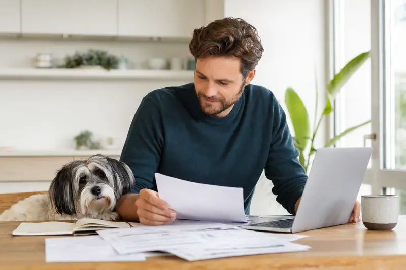 Ein Markiesje Hund sitzt ruhig neben seinem Besitzer am Küchentisch mit Versicherungsunterlagen und einem Laptop.