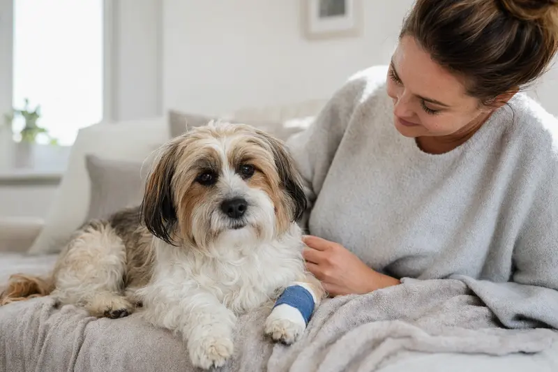 Ein Markiesje Hund mit einem leichten Verband ruht neben seinem erleichterten Besitzer auf einer Decke in einer hellen Wohnung.