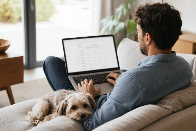 Ein Hund sitzt entspannt neben seinem Besitzer, der auf dem Laptop Versicherungsoptionen vergleicht.