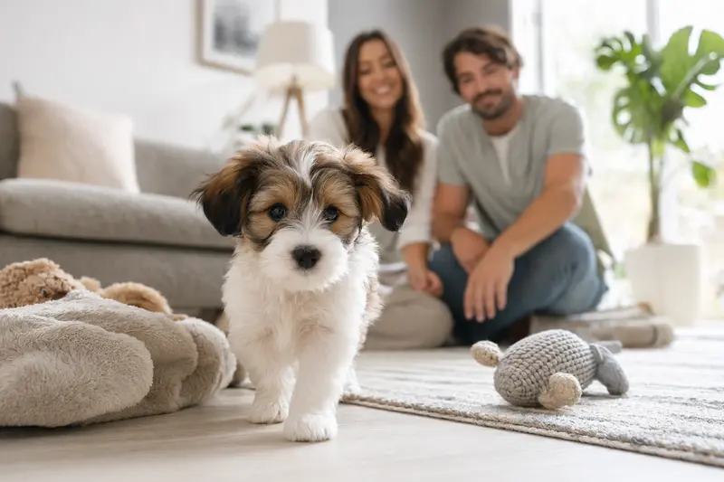 Ein junger Markiesje Welpe erkundet neugierig sein neues Zuhause mit liebevoller Familie im Hintergrund.