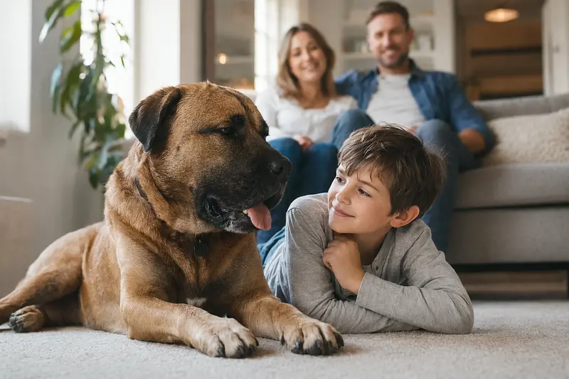 Ein freundlicher Mastiff liegt entspannt neben einem Kind im Wohnzimmer, während die Eltern im Hintergrund eine warme Familienatmosphäre schaffen.