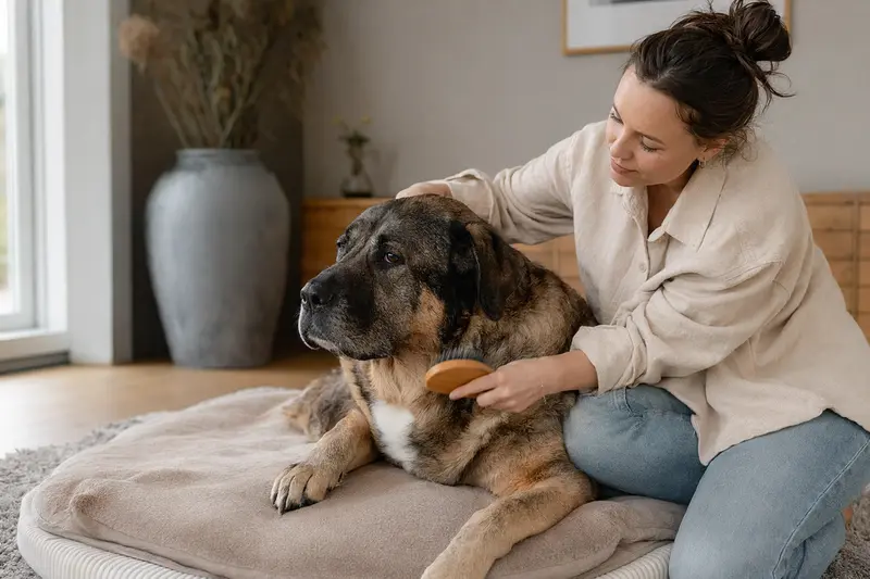 Ein Mastiff wird in einer hellen Wohnung sanft gebürstet, während sein Besitzer liebevoll die Fellpflege übernimmt.