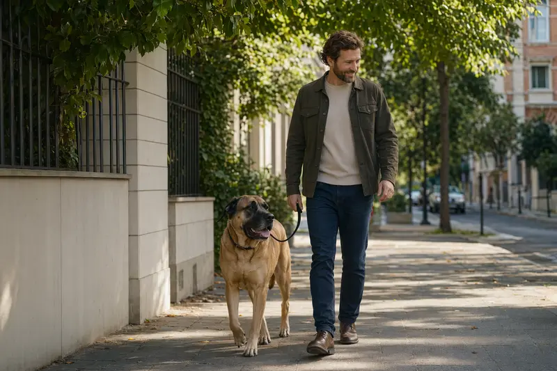 Ein Mastiff läuft an der Leine mit seinem Besitzer durch eine freundliche moderne Stadtstraße.