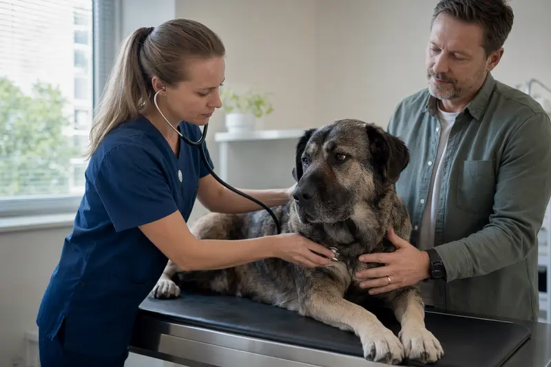 Ein ruhiger Mastiff wird von einer freundlichen Tierärztin in einer modernen Tierarztpraxis mit einem Stethoskop untersucht.