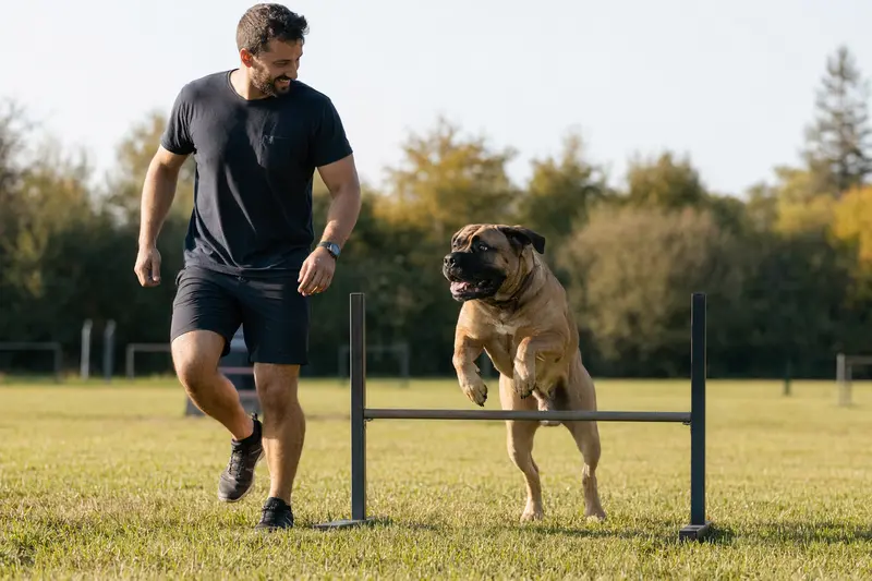 Ein Mastiff trainiert mit seinem Besitzer auf einem Hundeplatz über eine kleine Hürde und zeigt dabei Freude an Bewegung und sicheres Hundetraining.