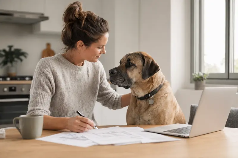 Ein ruhiger Mastiff sitzt neben seinem Besitzer am Küchentisch, auf dem Versicherungsunterlagen und ein Laptop liegen.
