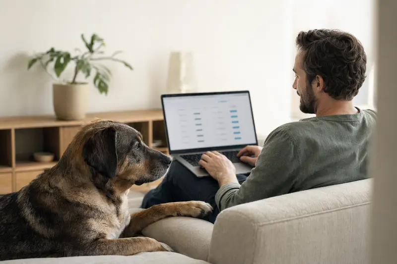 Ein Besitzer mit Laptop auf dem Sofa neben einem Mastiff Hund, der eine neutrale Versicherungsvergleichs-Oberfläche betrachtet.