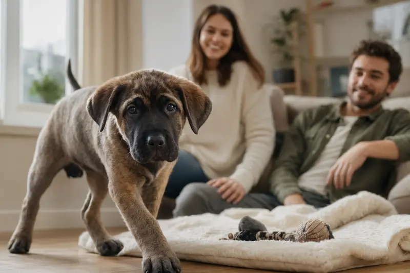 Ein neugieriger Mastiff Welpe entdeckt seine sichere neue Umgebung mit einer weichen Decke und Spielzeug.