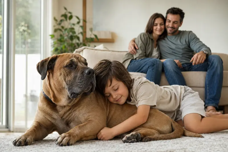 Ein Mastin Canario liegt entspannt neben einem Kind im Wohnzimmer in einer sicheren Familienatmosphäre.
