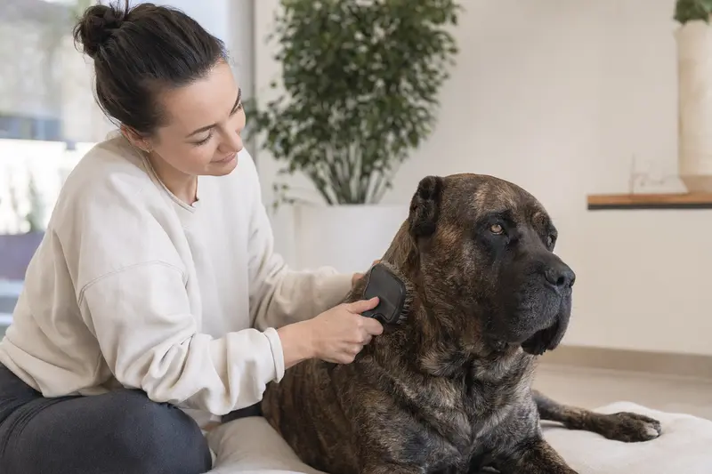 Ein Mastin Canario wird in einer hellen Wohnung sanft vom Besitzer gebürstet, was die liebevolle Fellpflege und verantwortungsvolle Hundegesundheit zeigt.