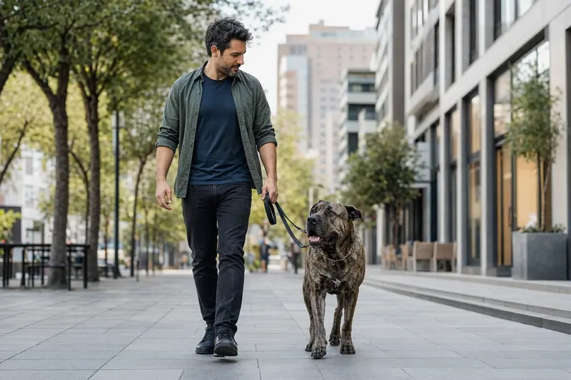 Ein Mastin Canario läuft an der Leine mit seinem Besitzer durch eine freundliche moderne Stadtstraße.
