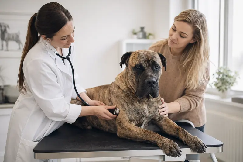 Ein ruhiger Mastin Canario wird von einer Tierärztin in einer modernen Praxis mit Stethoskop untersucht, während der Besitzer beruhigend daneben steht.