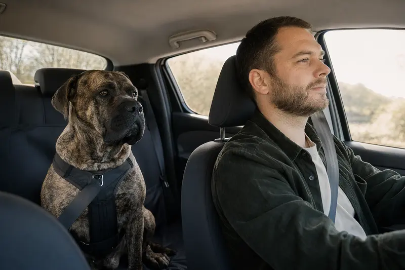 Ein Mastin Canario sitzt sicher angeschnallt auf der Rückbank eines Autos, während der Besitzer ruhig fährt und Sonnenlicht durch das Fenster fällt.