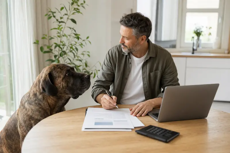 Ein ruhiger Mastin Canario sitzt neben seinem Besitzer am Küchentisch, auf dem Versicherungsunterlagen und ein Laptop mit Vergleichsseite liegen.