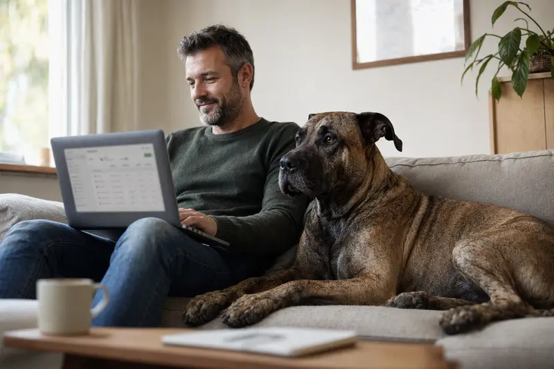 Besitzer sitzt mit Laptop auf dem Sofa, während ein Mastin Canario Hund entspannt daneben liegt und auf einen Versicherungsvergleich blickt.